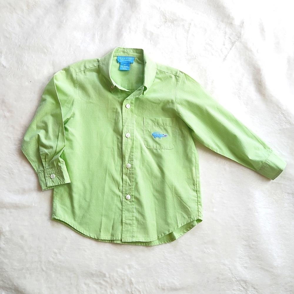 Ana Vini Boys Hand Smocked Green Gingham Alligator Button Down,  Sz 4T